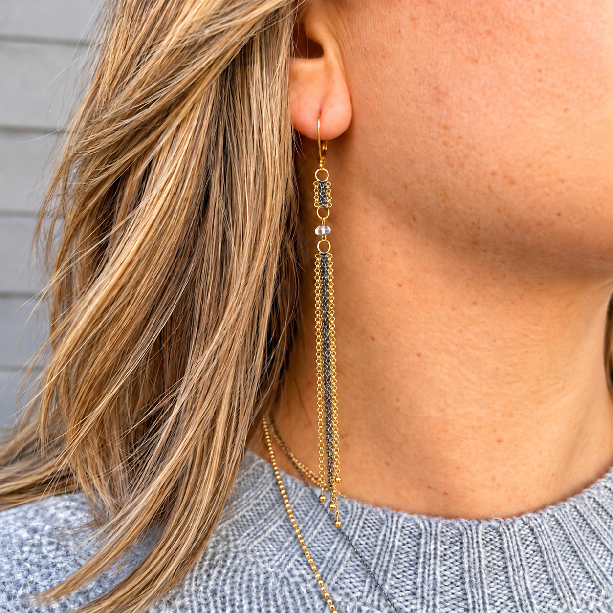 Long Oxidized Silver + Gold Fringe Duster Earrings with Clear Quartz + Pyrite Accents