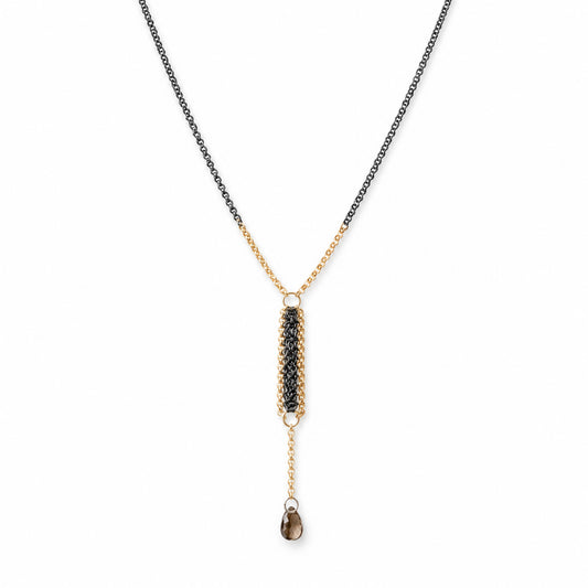 Mixed Metal Mesh Drop Necklace with Smoky Quartz