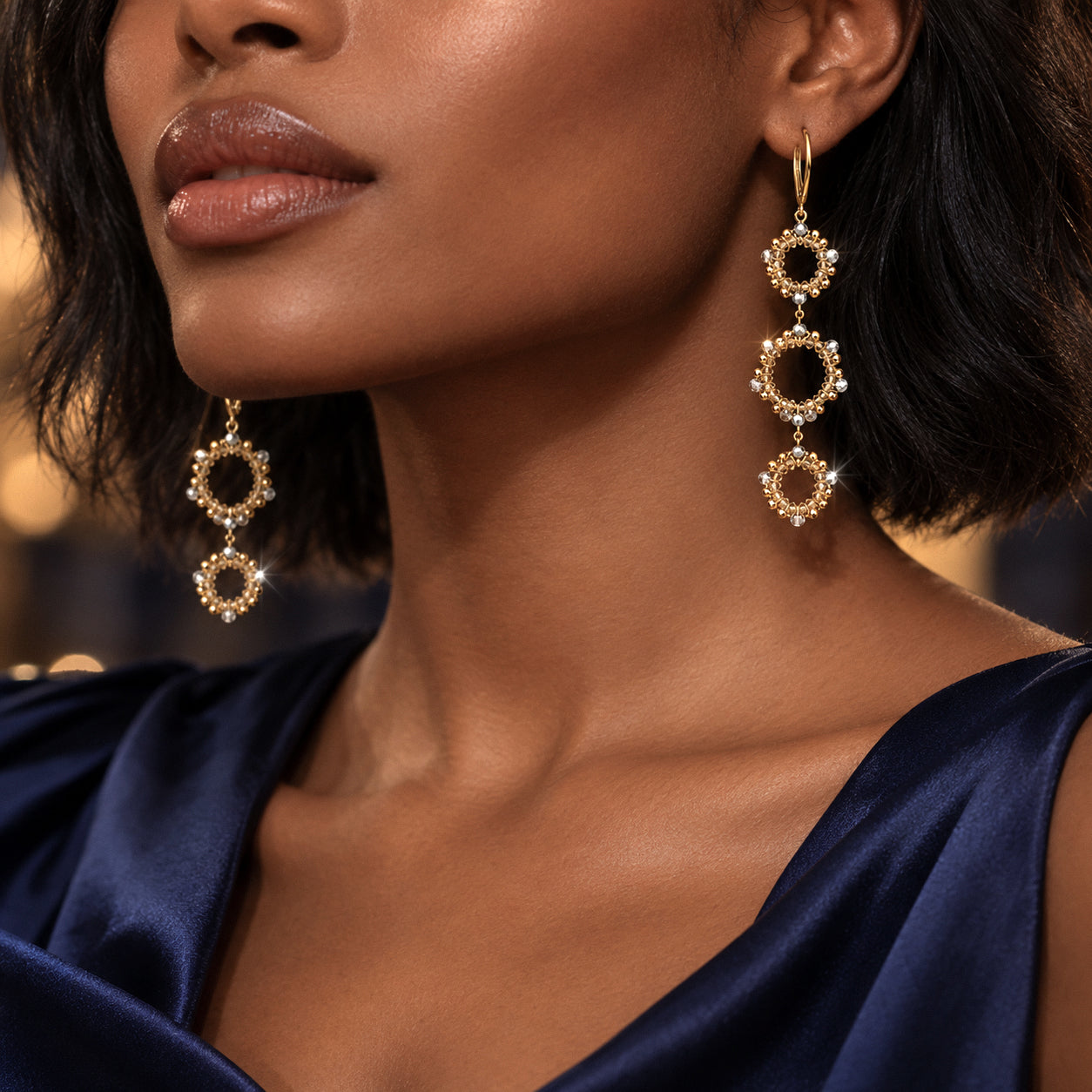 Gold Bead + Silver European Crystal Triple-Circle Statement Earrings