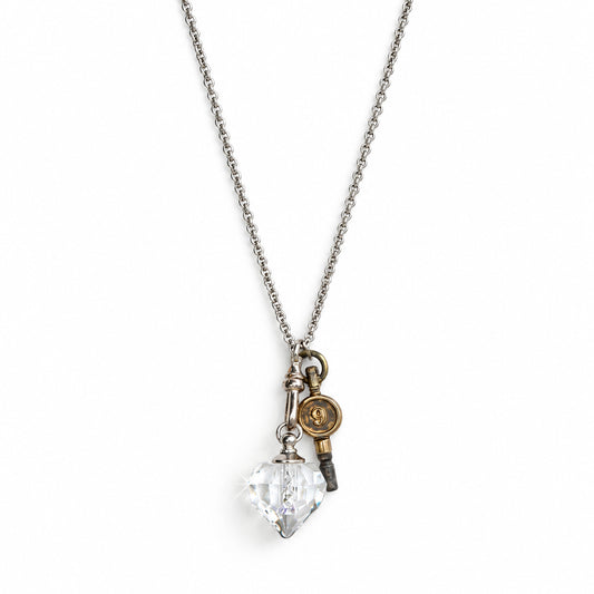 Faceted Crystal Heart + Vintage Watch Key Long Charm Necklace