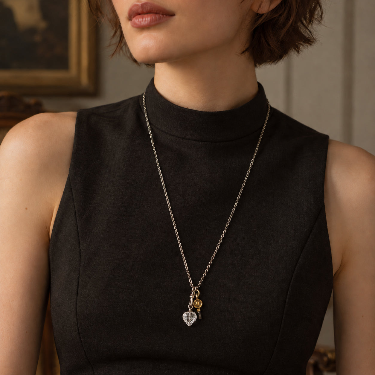 Faceted Crystal Heart + Vintage Watch Key Long Charm Necklace