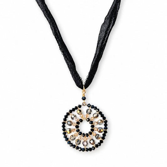 Aurum, Jet + Golden Shadow European Crystal Medallion Silk Chiffon Choker