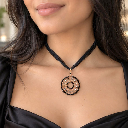 Aurum, Jet + Golden Shadow European Crystal Medallion Silk Chiffon Choker