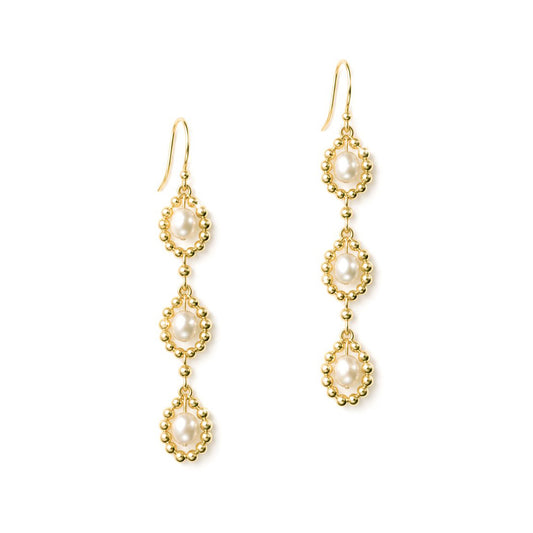 Gold Bead + Freshwater Pearl Three-Drop Earrings