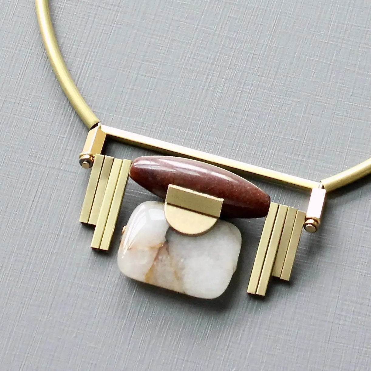 Burgundy Jasper + Agate Art Deco Pendant Necklace