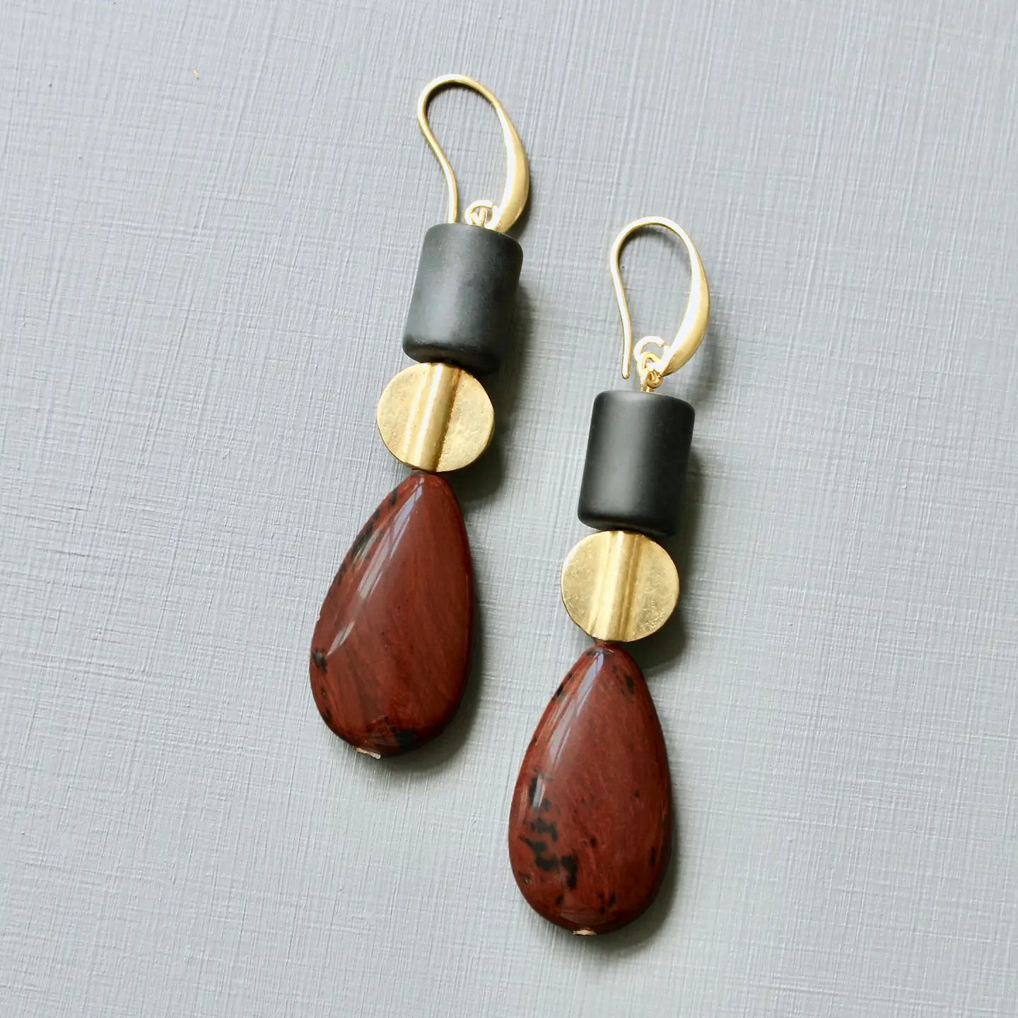Black Glass + Mahogany Jasper Earrings