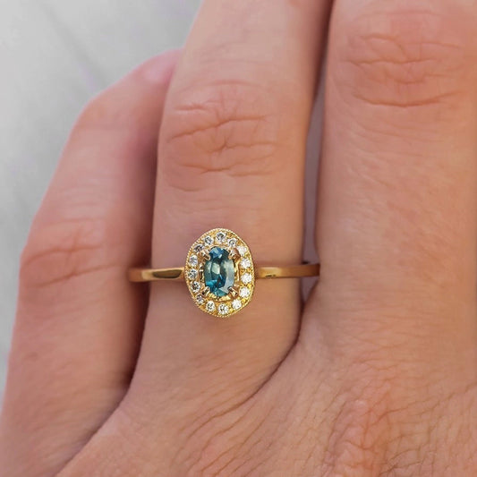14k Gold Organic Sapphire Ring with Diamond Halo