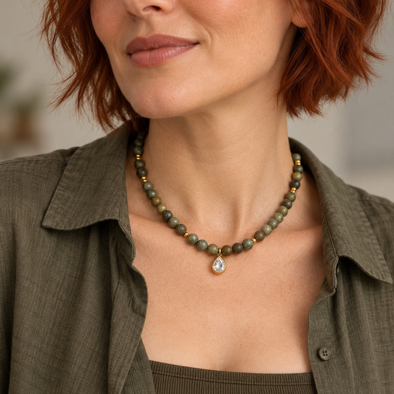Moss Labradorite + Pear CZ Pendant Necklace