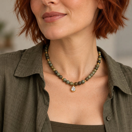 Moss Labradorite + Pear CZ Pendant Necklace