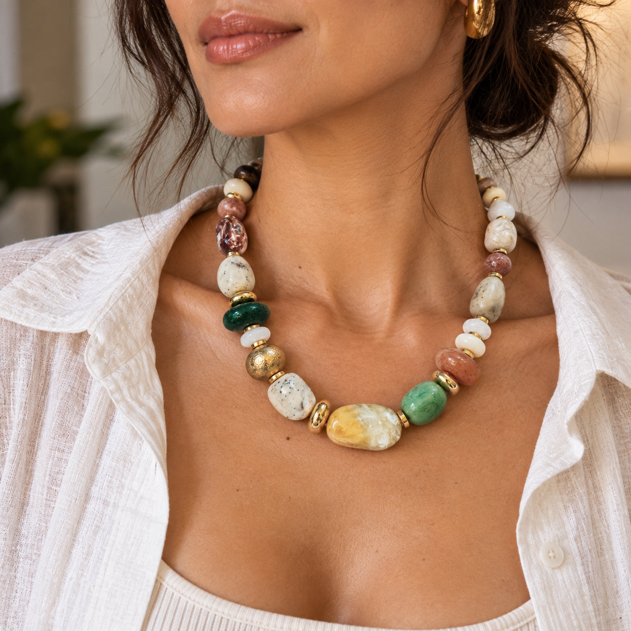Sand + Green Organic Bead Necklace