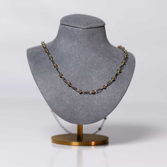 Hematite Beads Open Links Necklace - Oxidized Sterling Silver + Gold Filled