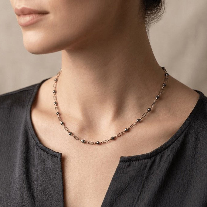 Hematite Beads Open Links Necklace - Oxidized Sterling Silver + Gold Filled