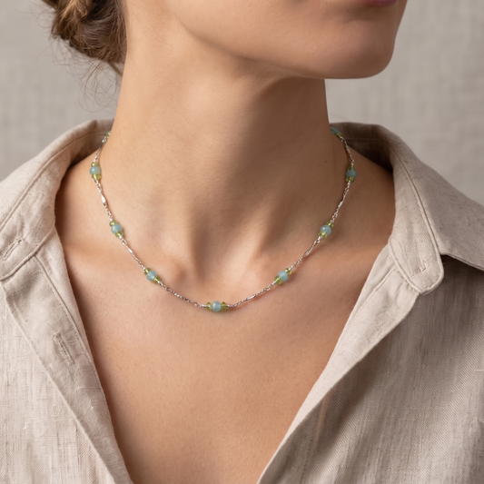 Chalcedony + Peridot Bone Chain Necklace - Sterling Silver