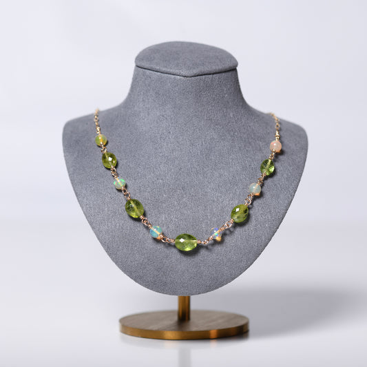 Peridot + Welo Opal Gemstone Station Necklace - Gold Filled
