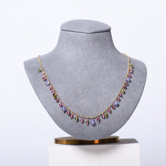 Tanzanite with Pink + Green Tourmaline Gemstone Confetti Necklace - Gold Filled