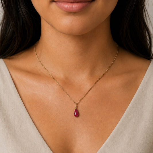 Petite Ruby Gemstone Pendant Necklace - Gold Filled