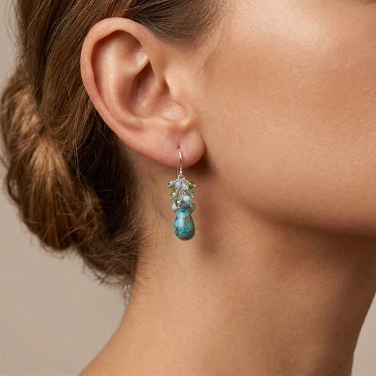 Turquoise, Tourmaline, Topaz + Fluorite Cluster Drop Earrings - Sterling Silver