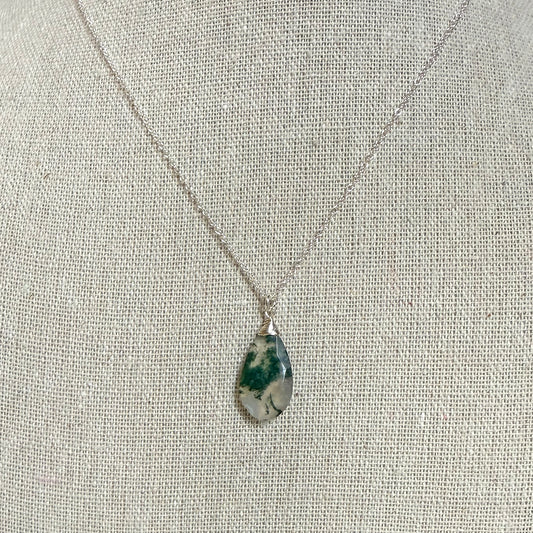 Moss Agate Gemstone Pendant Necklace - Sterling Silver