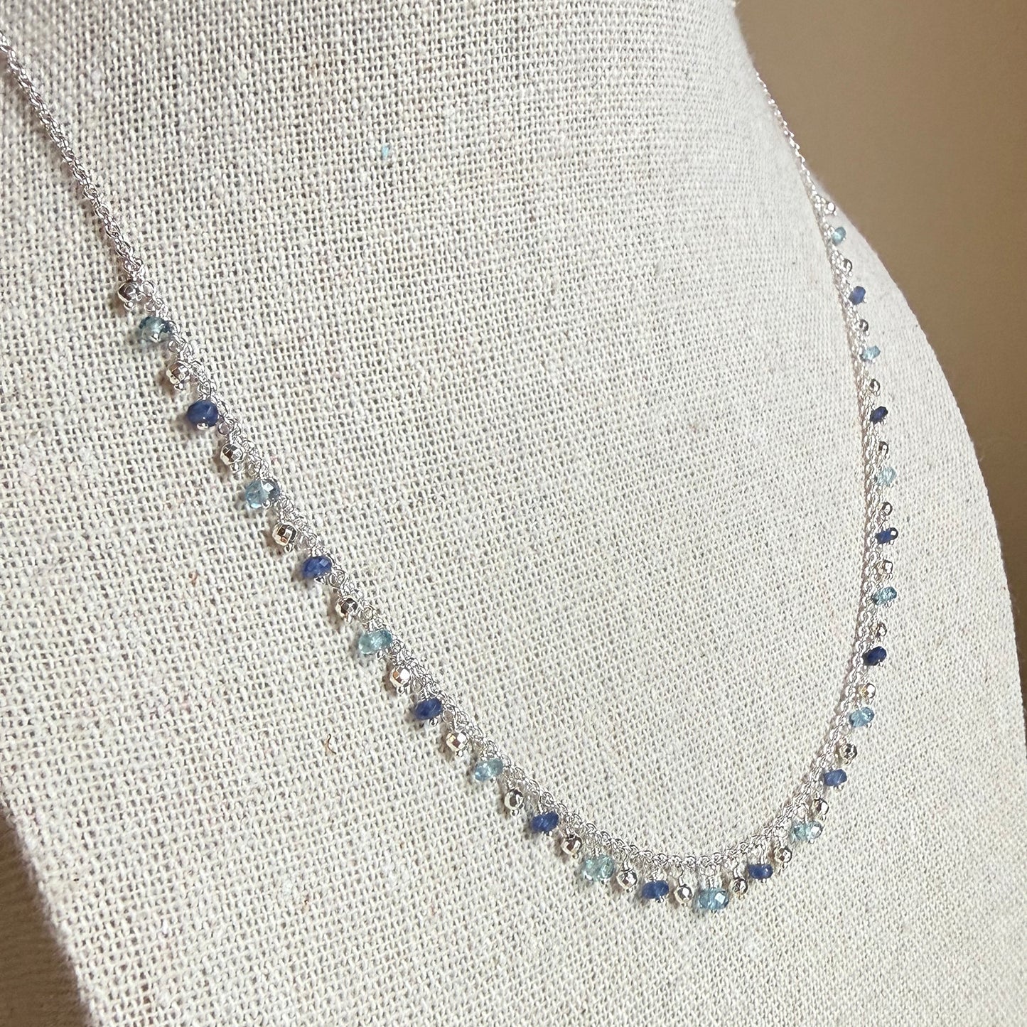 Sapphire, Aquamarine + Hematite Fringe Necklace – Sterling Silver