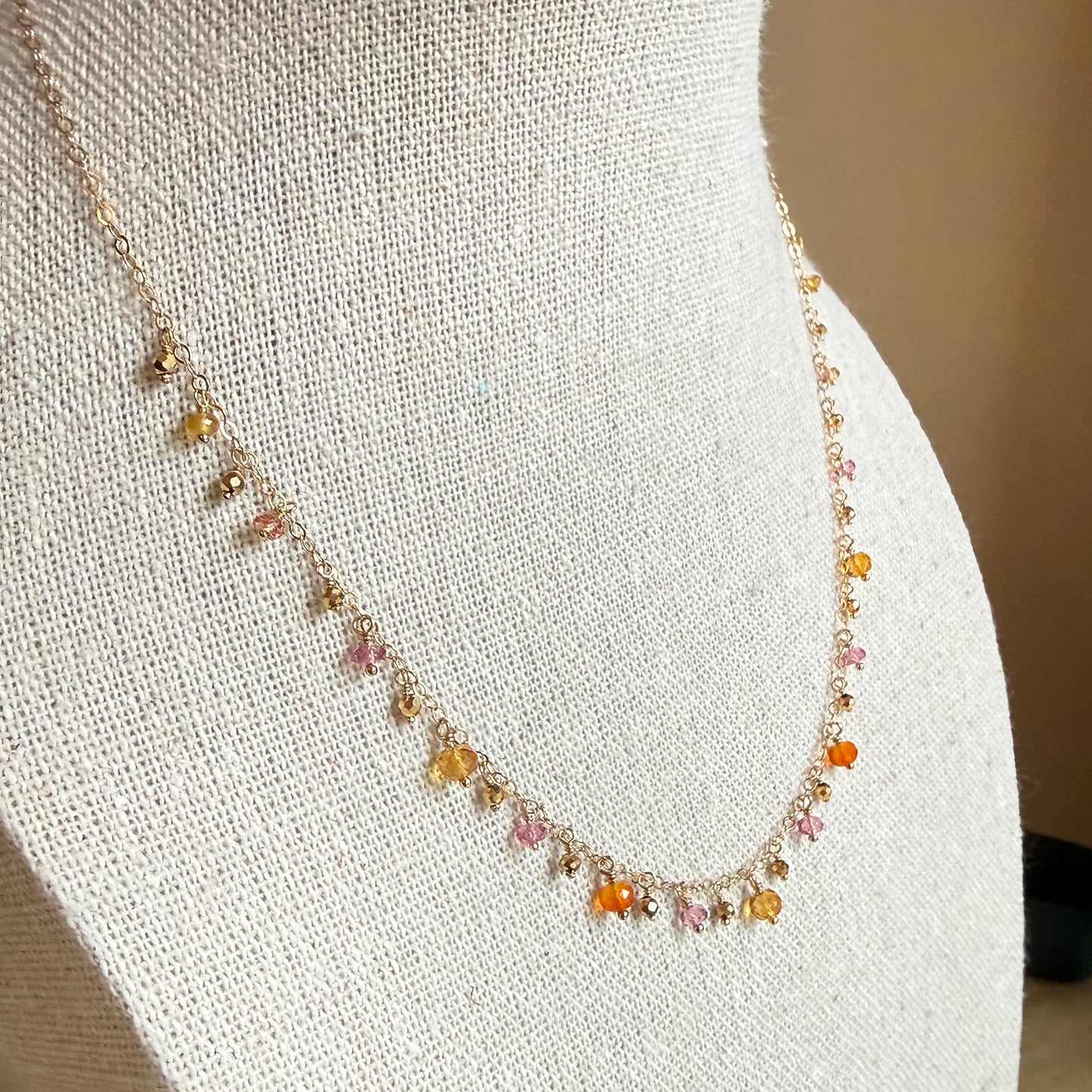 Pink Tourmaline, Carnelian, Citrine + Hematite Fringe Necklace – Gold Filled