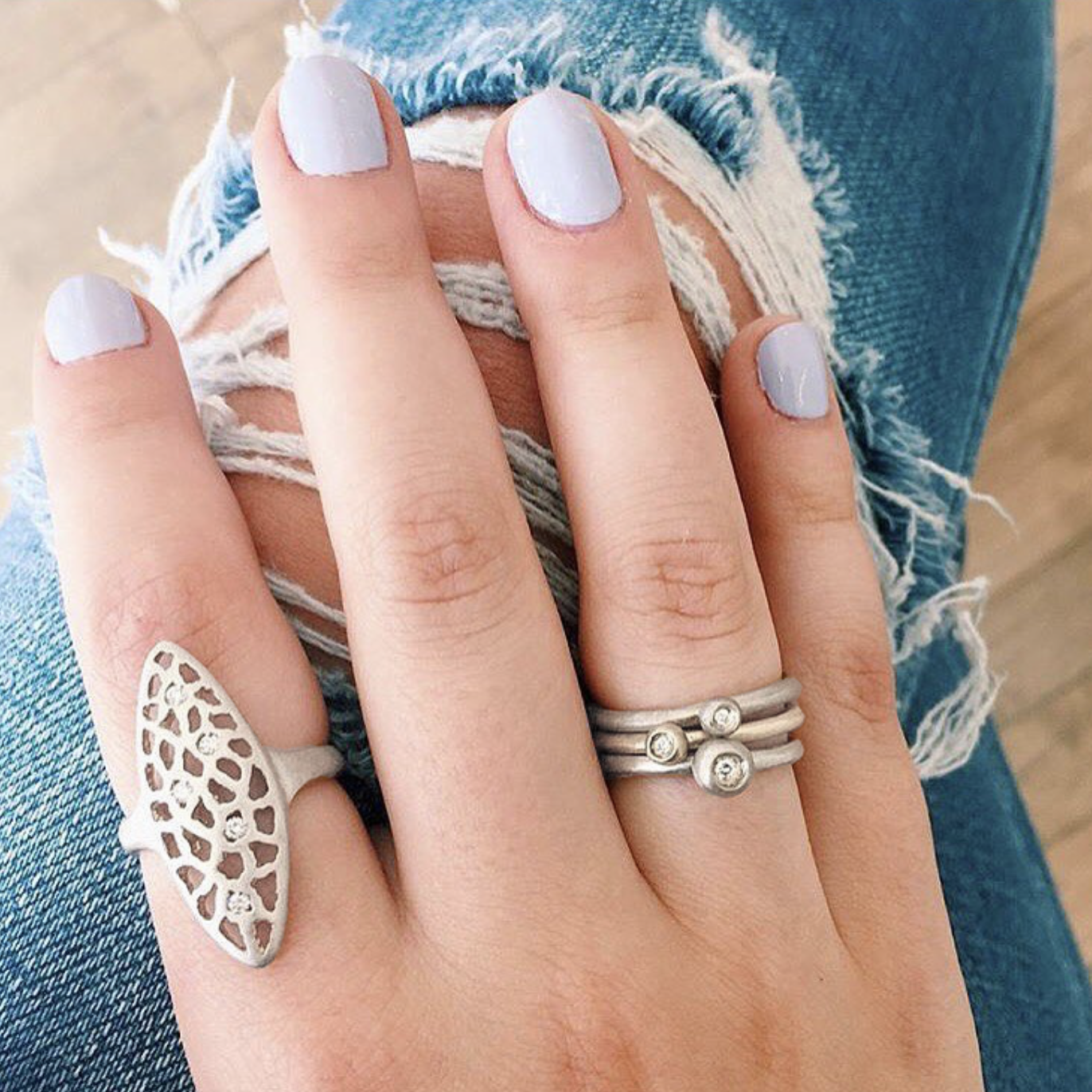Sterling Silver + Diamond 'Lacy Leaf' Ring