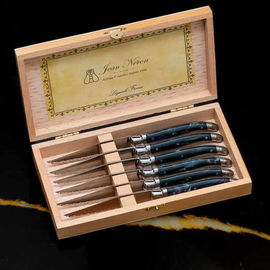 Laguiole 6-Piece Steak Knife Set - Black Marble in Wood Presentation Box