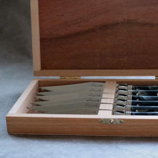Laguiole 6-Piece Steak Knife Set - Black Marble in Wood Presentation Box