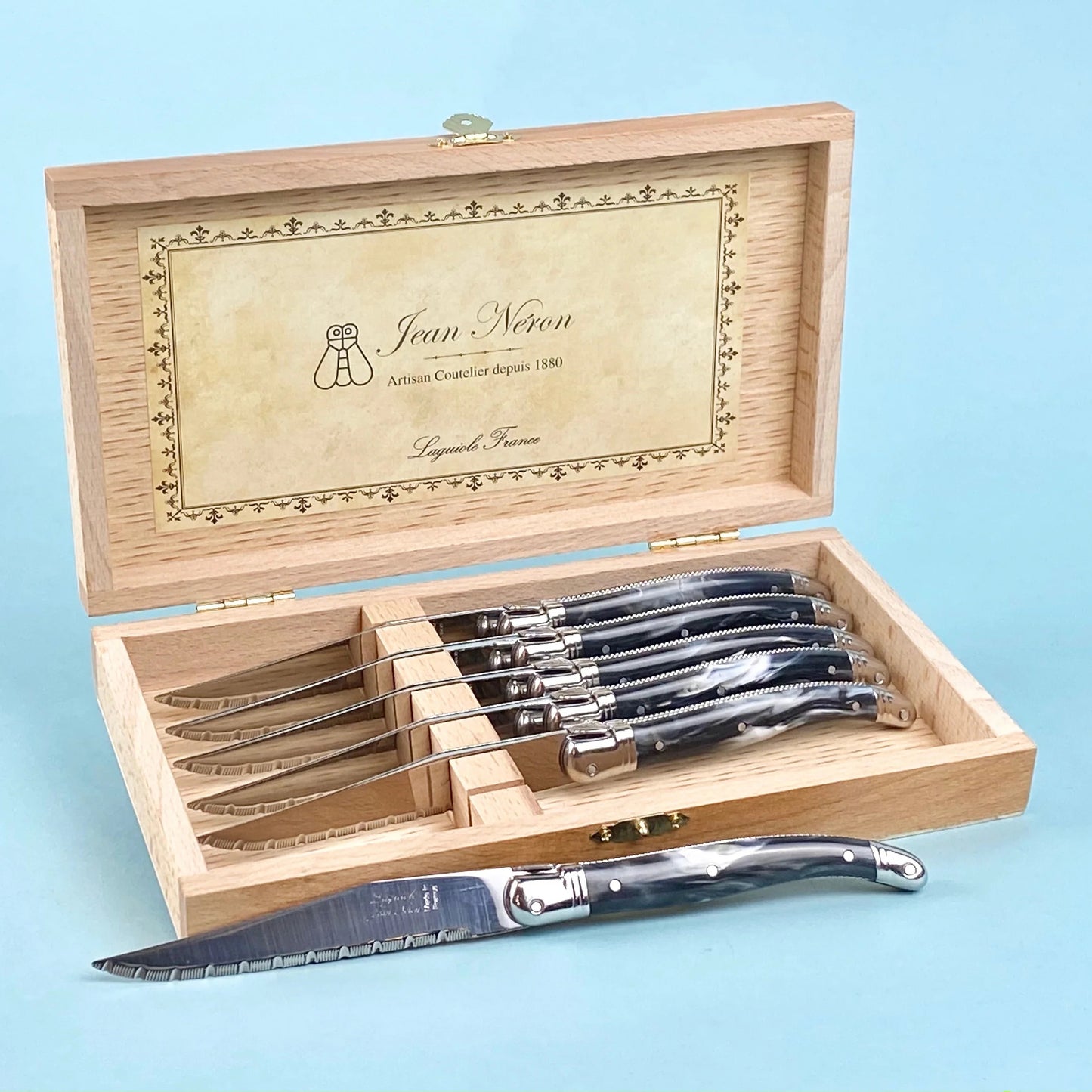 Laguiole 6-Piece Steak Knife Set - Black Marble in Wood Presentation Box