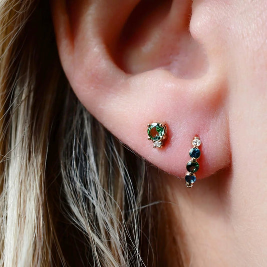 14k Gold, Green Tourmaline + White Diamond 'Linga' Stud Earrings