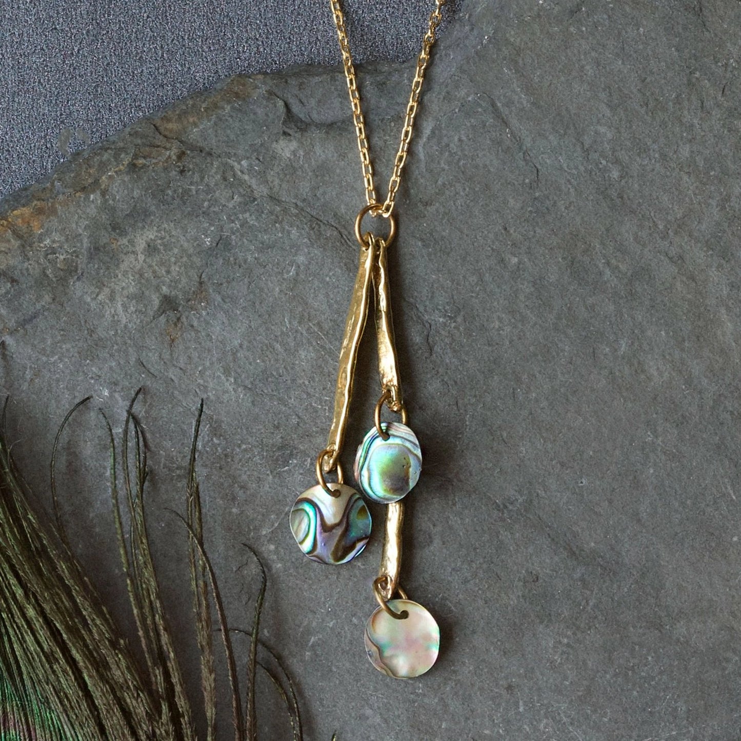 Paua Shell + Hammered Brass 'Lyra' Pendant Necklace