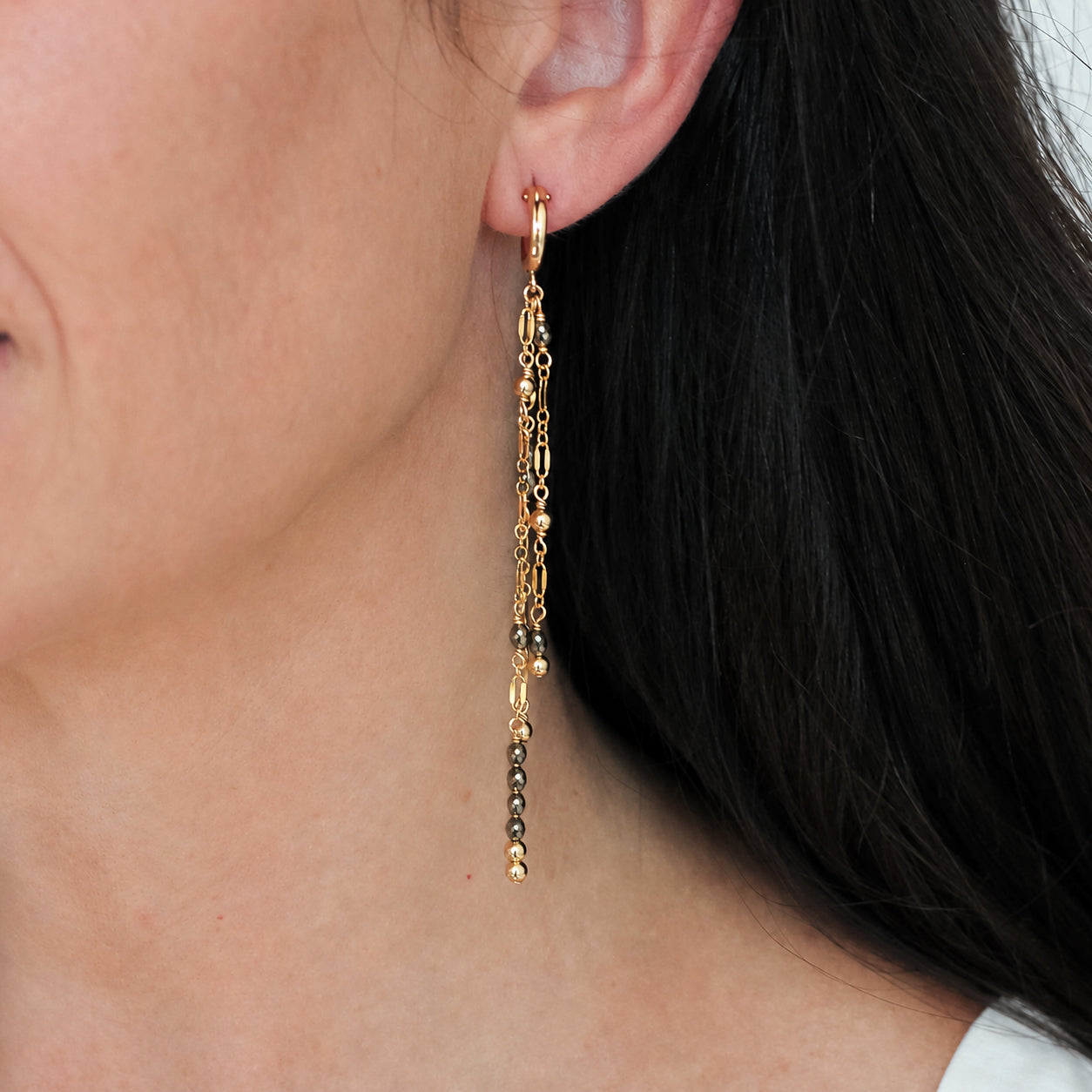 Nami Chain Tassel Hoop Earrings – Pyrite