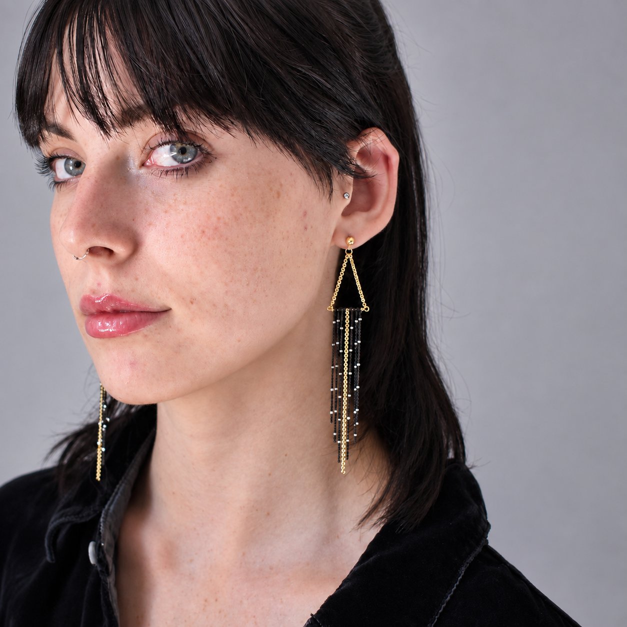 Vera Fringe Post Earrings – Black + Gold