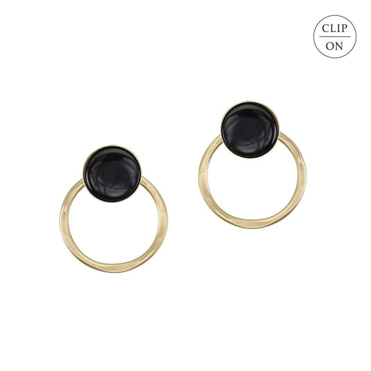Large Black Cabochon with Brass Ring Clip-On Earrings
