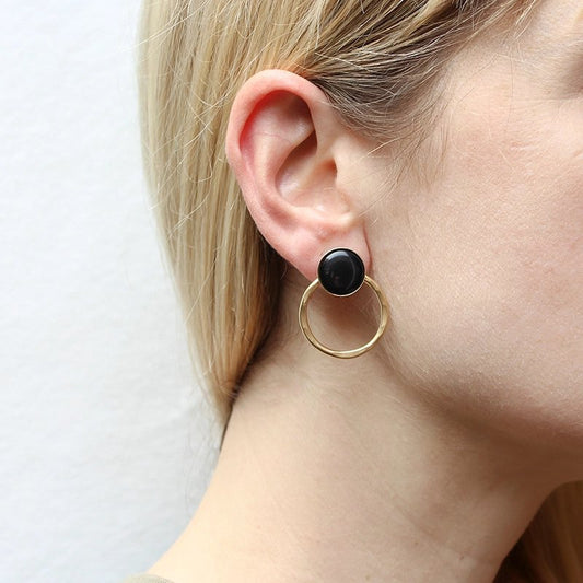 Large Black Cabochon with Brass Ring Clip-On Earrings