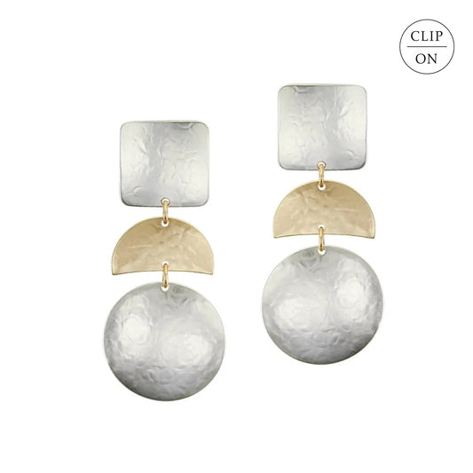 Mixed-Metal Large Square with Crescent + Disc Clip-On Earrings