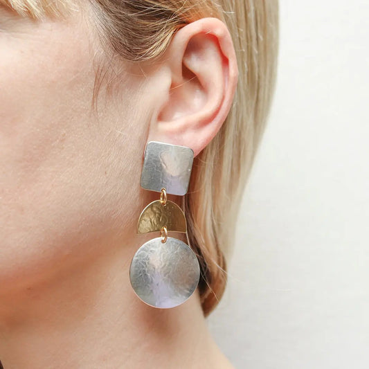 Mixed-Metal Large Square with Crescent + Disc Clip-On Earrings