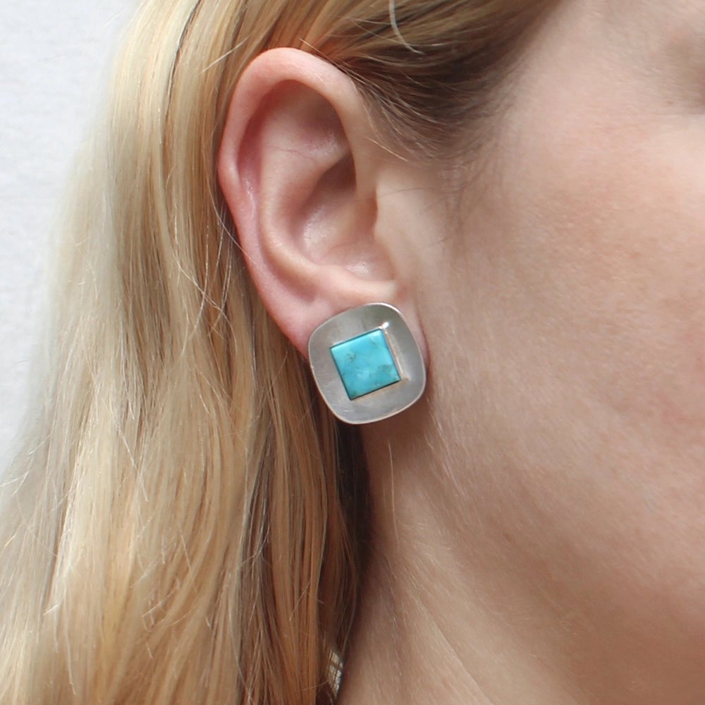 Medium Silver Rounded Square with Turquoise Clip-On Earrings