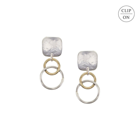 Mixed-Metal Rounded Square with Small Intertwined Hammered Rings Clip-On Earrings