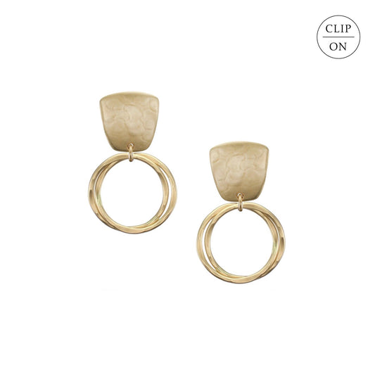 Tapered Brass Square with Interlocking Rings Clip-On Earrings
