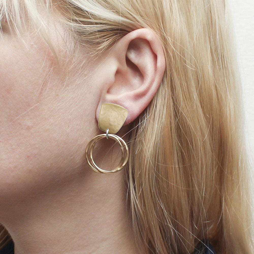 Tapered Brass Square with Interlocking Rings Clip-On Earrings