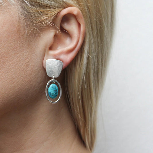 Tapered Silver Square with Turquoise Bead and Oval Ring Clip-On Earrings