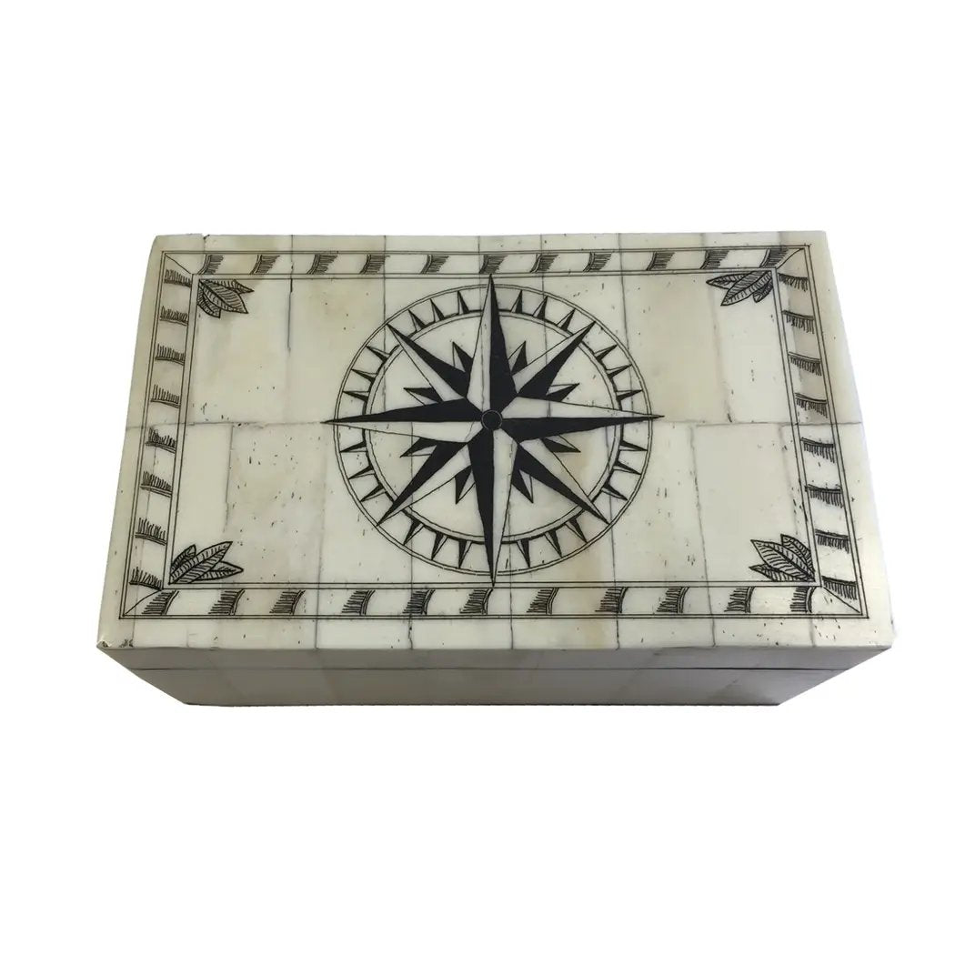 Vintage Scrimshaw Bone 5-1/4” Trinket Box – Compass Rose with Border