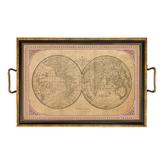 Old World Map Decorative Tray with Brass Handles