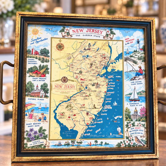 The Garden State Vintage Map Decorative Tray with Brass Handles