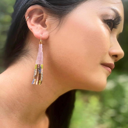 Beaded Handwoven Abstract Fringe Earrings - Lilac