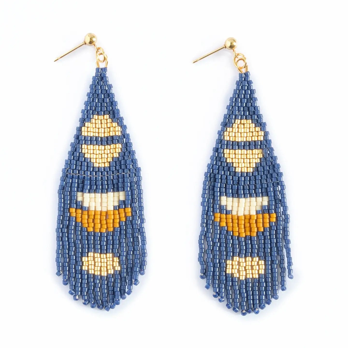 Beaded Handwoven Boho Half Moon Fringe Earrings - Blue