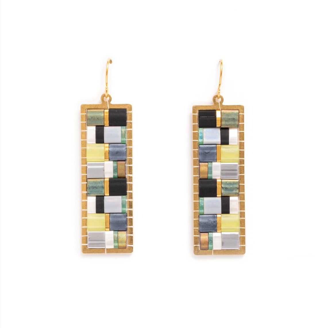 Beaded Handwoven Mosaic Tila and Brass Earrings - Green/Grey