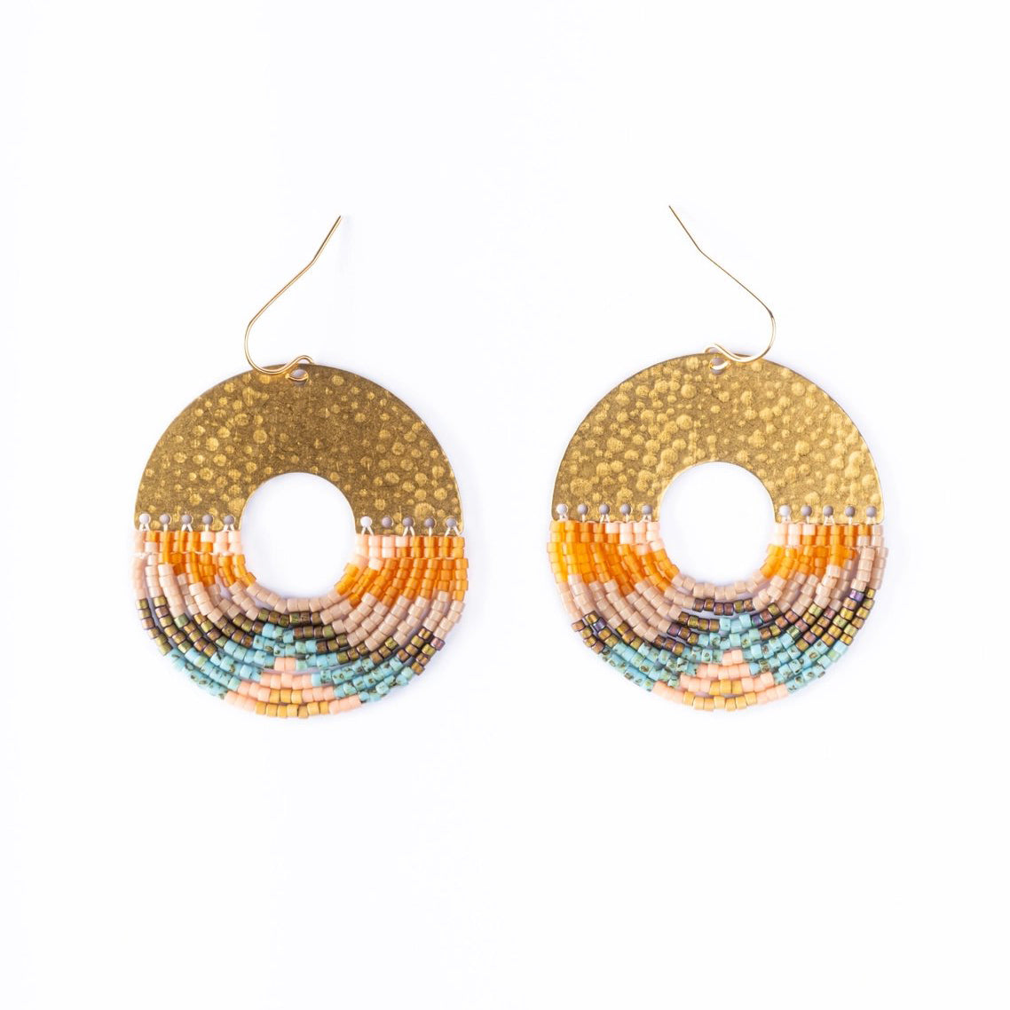 Beaded Handwoven Organic Circular Fringe Earrings - Earth