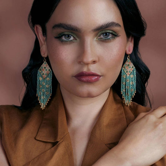 Beaded Handwoven Sari Fringe Earrings - Blue