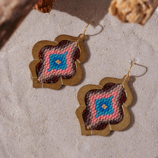 Beaded Handwoven Window Drop Earring - Brown/Blue